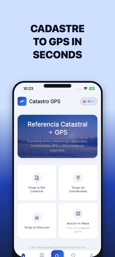 Home screen of the Catastro GPS app: converts cadastral references, coordinates and addresses, or search by tapping the map.