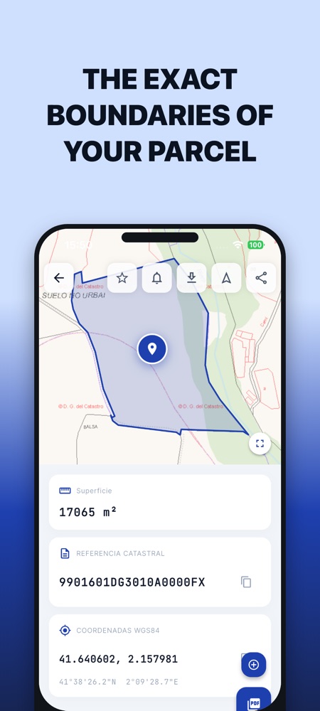 Parcel detail in the app: official polygon on the cadastral map, area, cadastral reference and WGS84 coordinates.